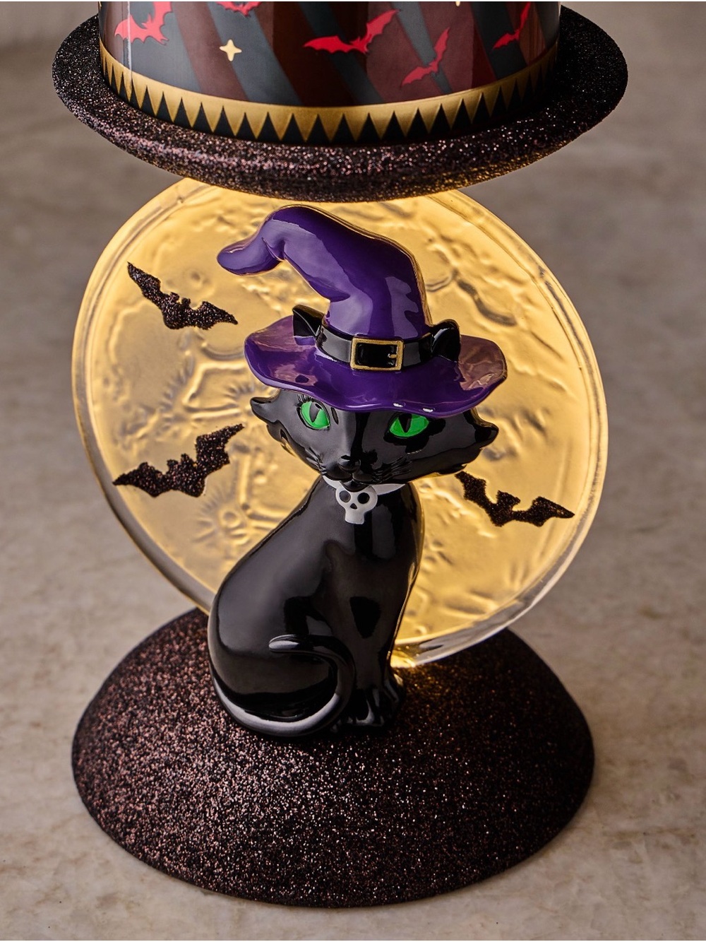 Bath & Body Works Black Cat Halloween Decor with Purple Hat and Green Eyes